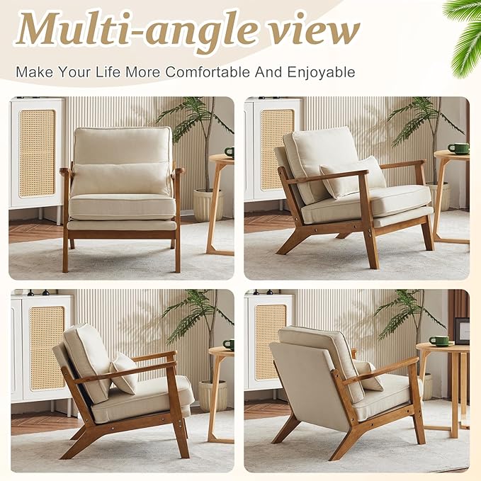 VINGLI Solid Wood Wide Armrests Accent Chair, Upholstered Mid Century Modern - Image 7