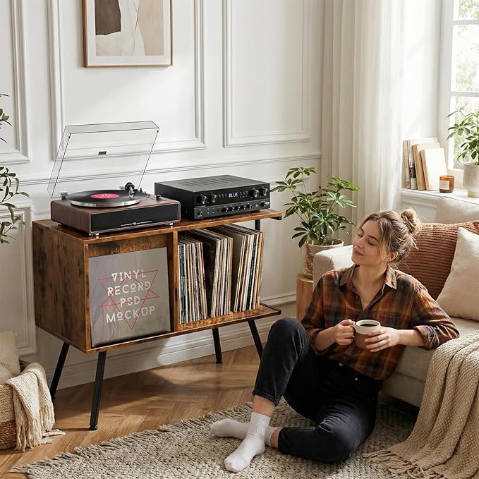 Faesun Flip Top Record Player Stand, Large Turntable Stand Holds up to 150+ - Image 2