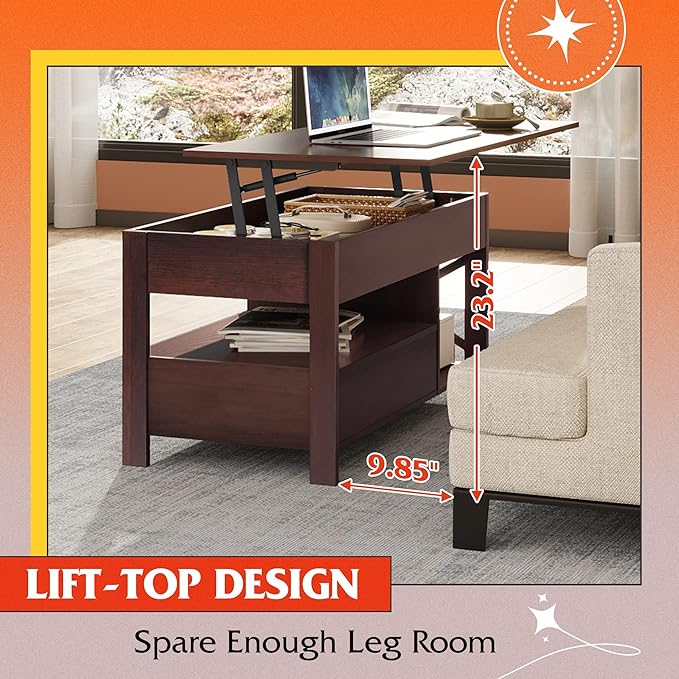 WLIVE Lift Top Coffee Table, Hidden Compartment, Wooden Lift Tabletop Center - Image 3