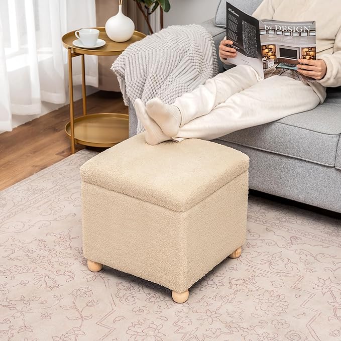 Adeco 17.3" Modern Oatmeal Teddy Velvet Storage Ottoman, Upholstered Cube Foot - Image 6