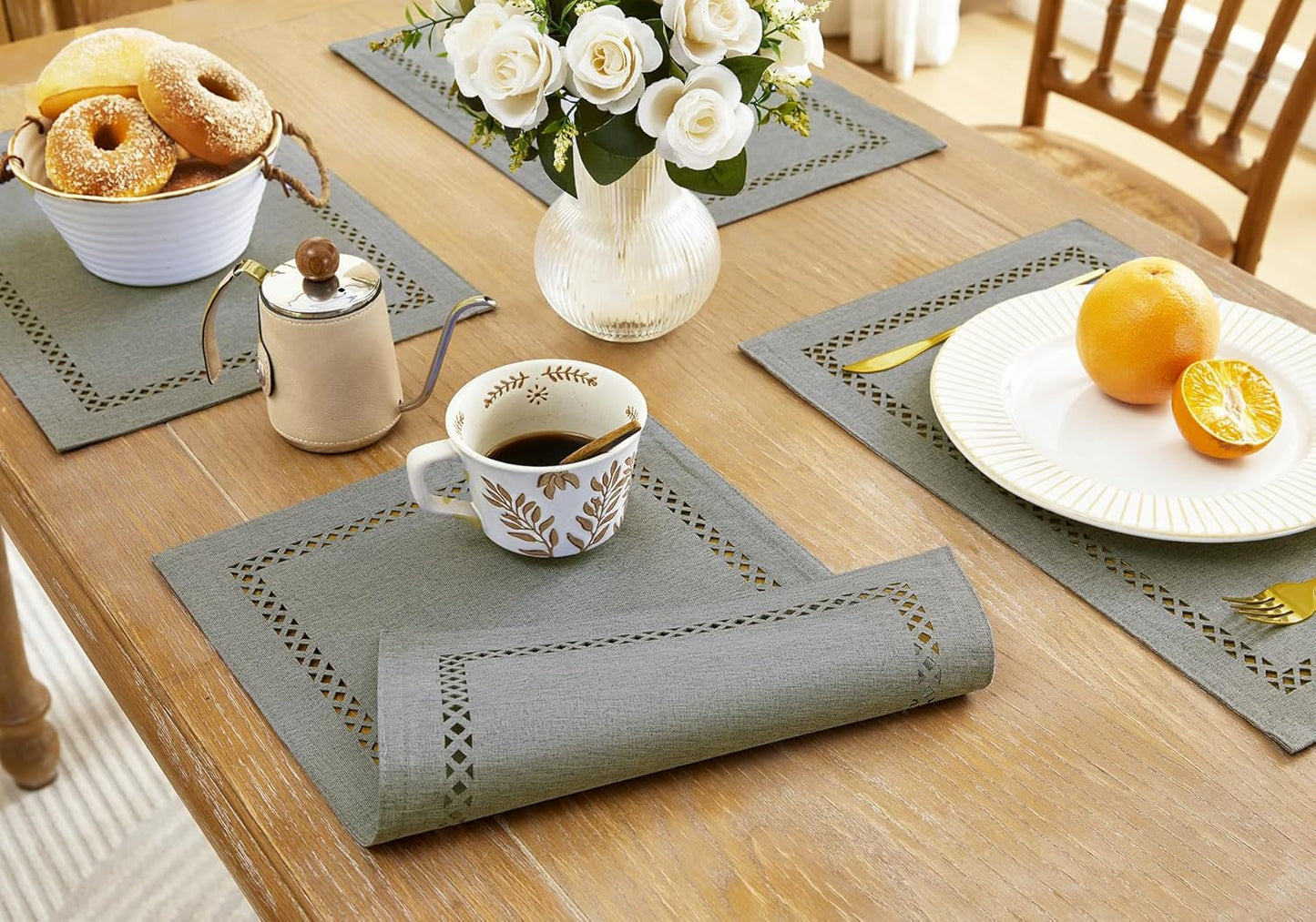 Burlap Placemats Set of 6, 12 x 18 Inch Rustic Geometric Hollow Place Mats, Heat Resistant Placemats for Farmhouse Kitchen Table Decor, Grey 6PCS