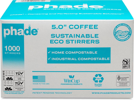 phade Eco-Friendly Cocktail and Coffee Straws/Stirrers 1,000 Count - Sustainable Marine Biodegradable Compostable Stirrer, 1 Pack