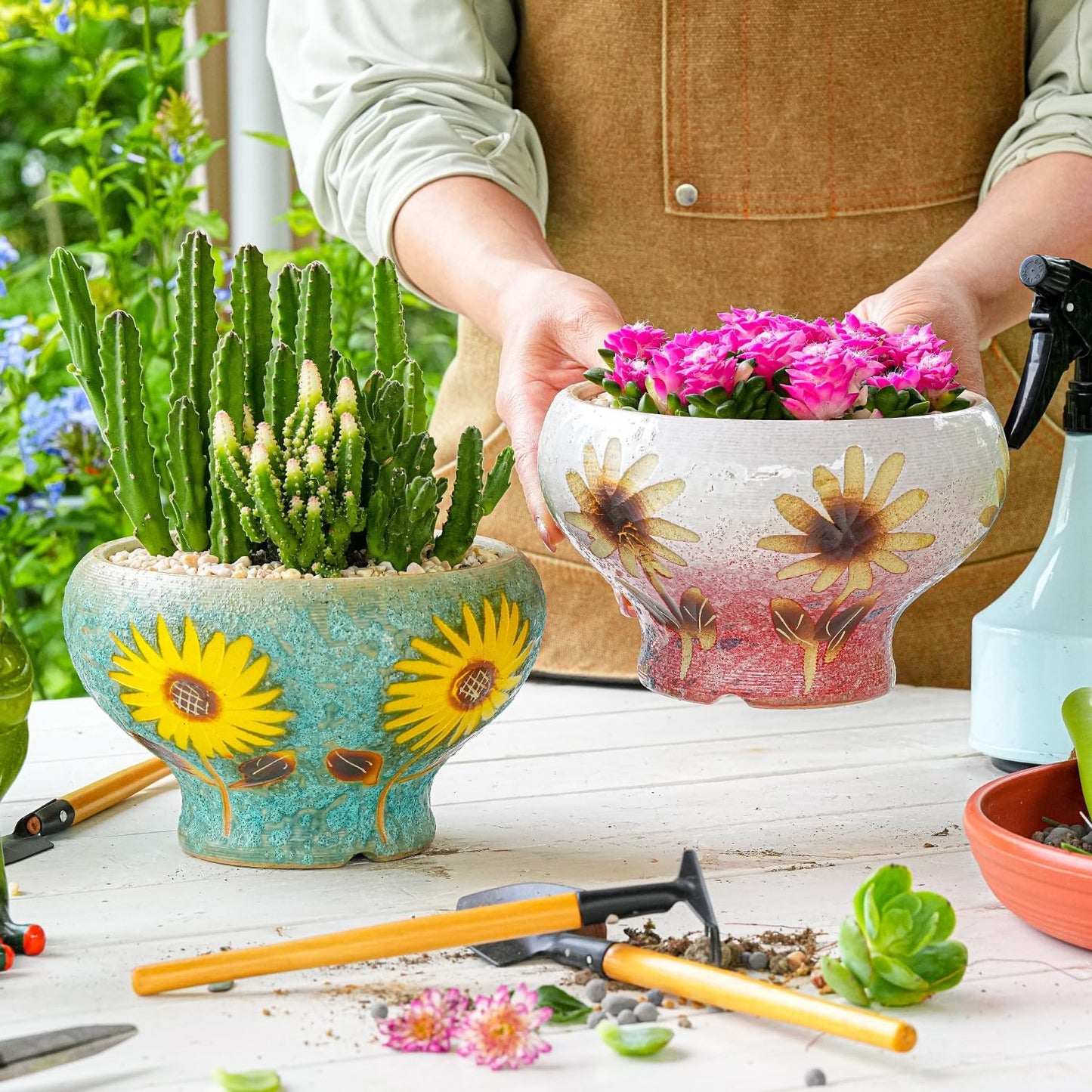 Sungmor Small Succulent Planters Set of 2, Beautiful Hand Crafted Ceramic Plant Pots Cute Cactus Pot, 6.5 Inch Flower Pots for Indoor Plants with Drainage, Desktop Windowsill Home Office Decor Pots