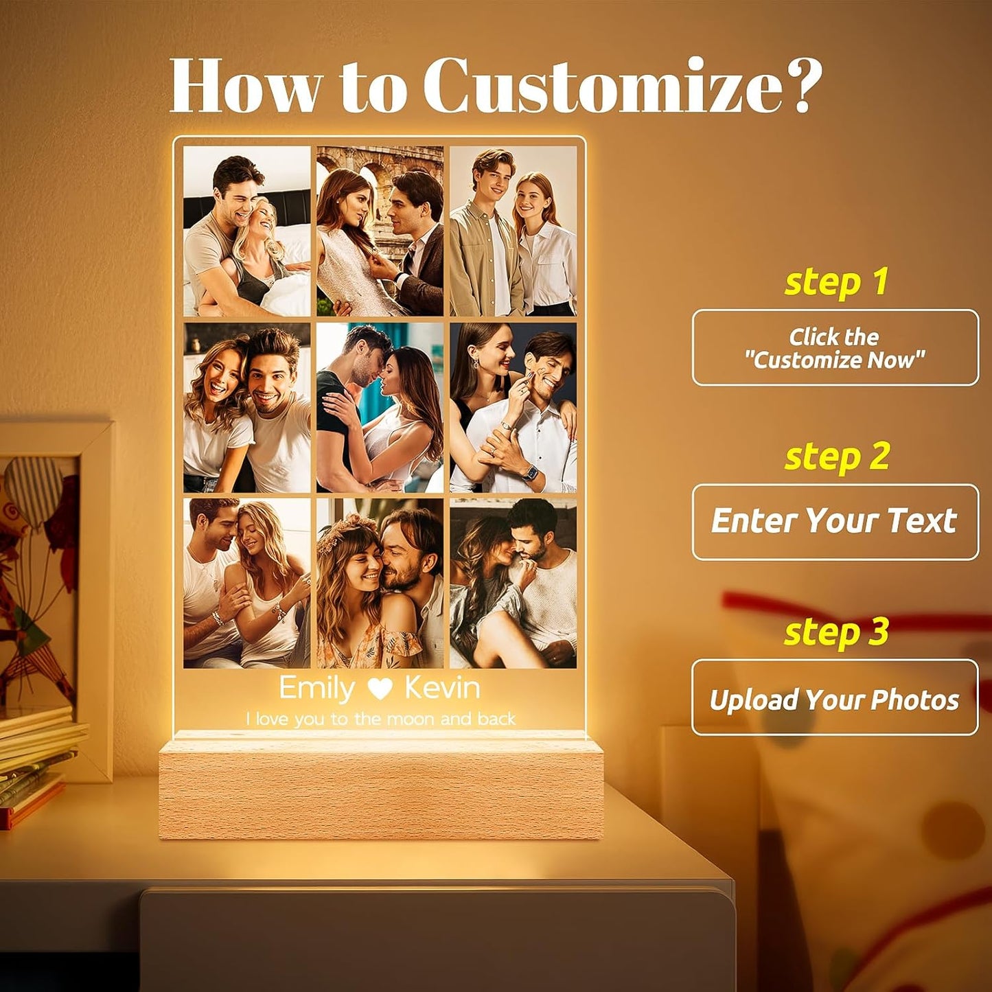 Personalized Picture Frame with Photos, Custom Picture Frames, Personalized Photo Frame with Night Light, Personalized Anniversary Birthday Gifts for Women Men Girlfriend Boyfriend Couples Her Him