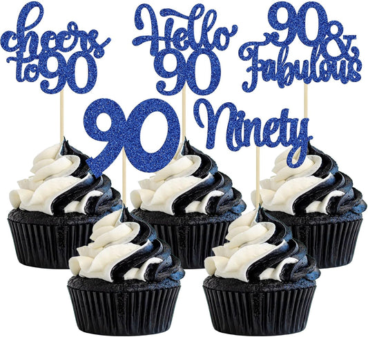 30pcs Happy 90th Birthday Cupcake Toppers - Deep Blue Glitter Ninety Cheers to 90 Years Old Cupcake Picks for Anniversary Party Cake Decorations