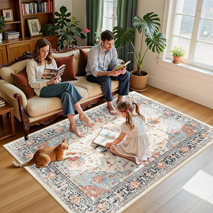 RELEANY Area Rugs 5'x7' Washable Non-Slip, Floral Vintage Distress Print - Image 3