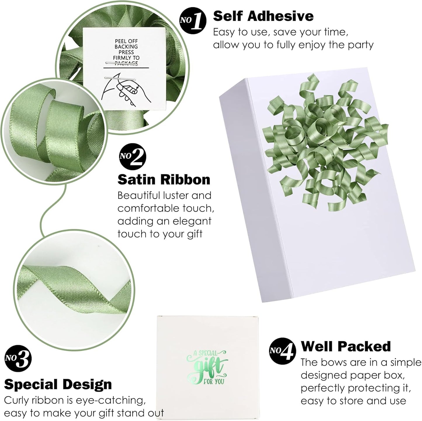 5'' Sage Green Bows Curly Ribbon Bows for Gift Wrapping, Satin Bows with Double-Sided Tape, Self Adhesive Bows for Party, Wedding, Birthday Decor, Premade Bows for Crafts, Wine Glasses-8 PCs