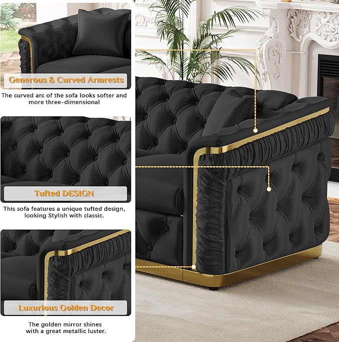 2 Piece Velvet Chesterfield Sofa Luxury Tufted Sofa Black and Gold Couch Set - Image 5