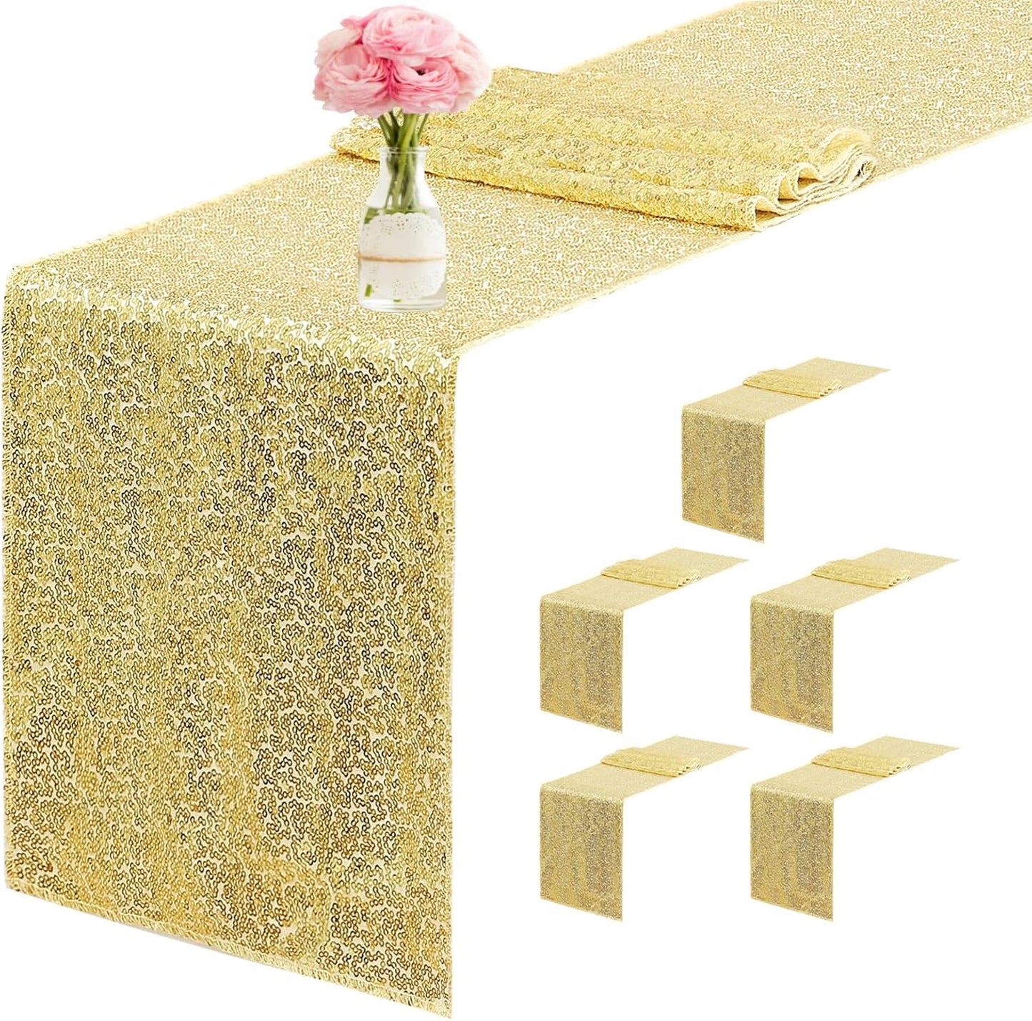 6 Packs 12 x 72 inches Sequin Table Runner, Gold Glitter Table Runner for Birthday Party Supplies Wedding Engagement Baby Shower Holiday Celebration Event Decorations