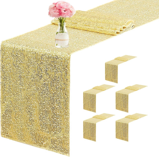 6 Packs 12 x 72 inches Sequin Table Runner, Gold Glitter Table Runner for Birthday Party Supplies Wedding Engagement Baby Shower Holiday Celebration Event Decorations