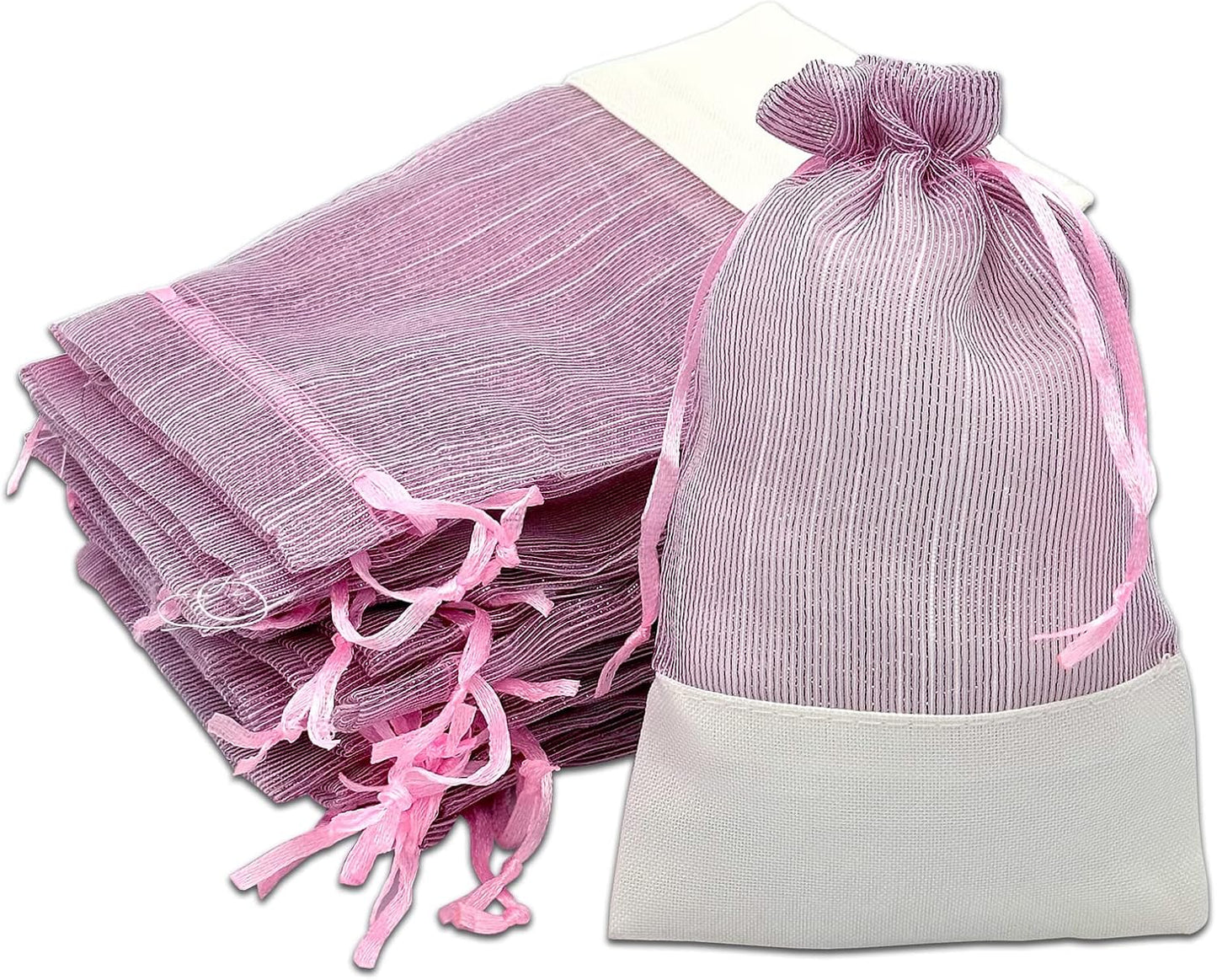 TheDisplayGuys For Your Modern Living 24-Pack Linen & Pink Organza Gift Bags with Drawstrings (Small 4 x 6) - Party Favors, Samples, Treats Mesh Pouches