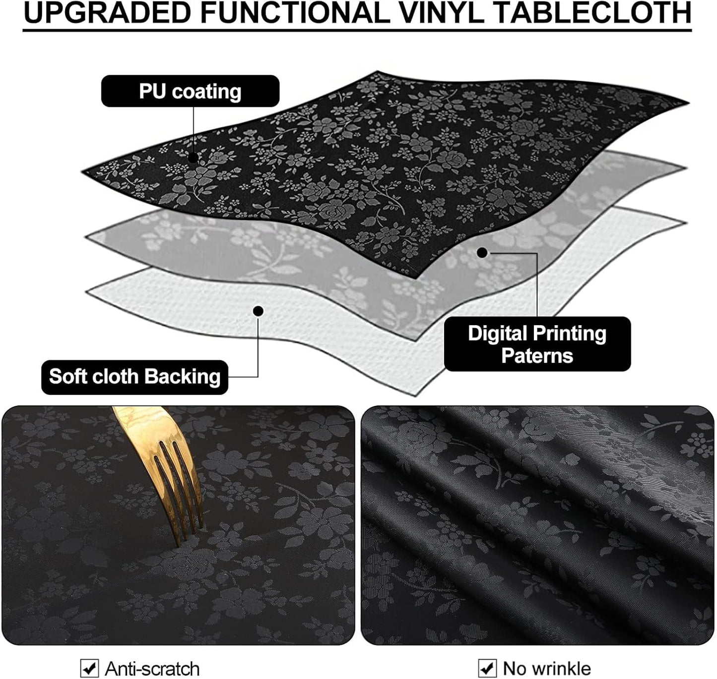 Smiry Round Table Cloth, Waterproof Heavy Duty Vinyl Tablecloths, Wipeable Washable Table Cover for Kitchen and Dining Room (Black, 60" Round)