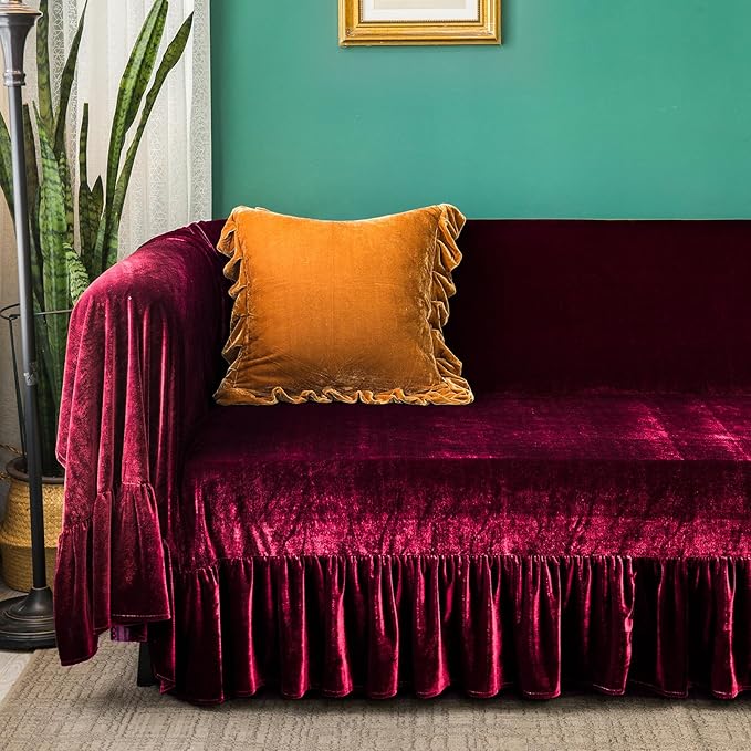 GLORY SEASON Velvet Sofa Cover Soft Decorative Luxurious Solid Exquisite Ruffle - Image 4
