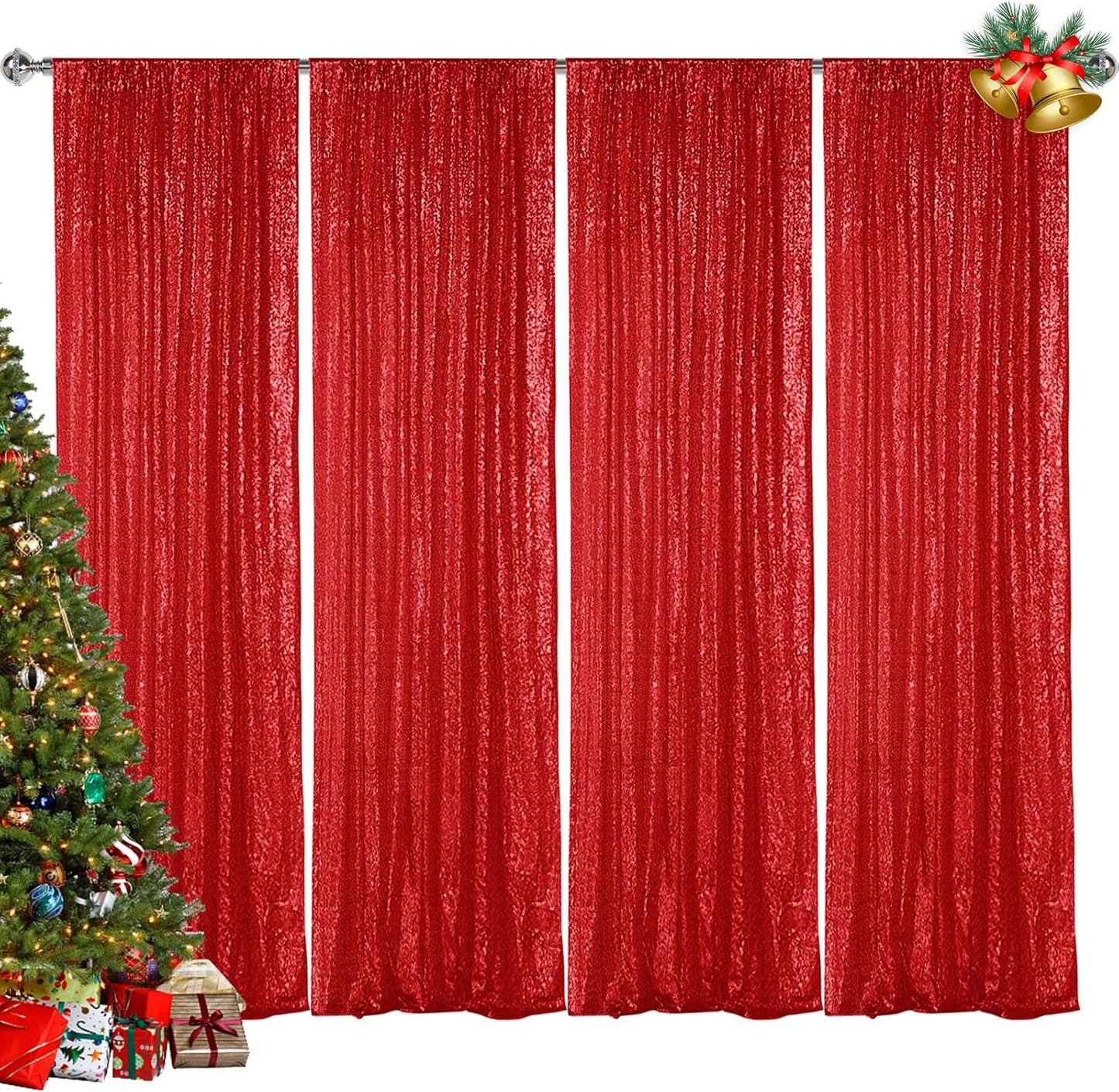 Hahuho Red Sequin Backdrop Curtain, 4PCS 2FTx8FT Glitter Backdrop Curtain for Parties, Christmas, Wedding, Party Decoration（4 Panels, 2FT x 8FT, Red
