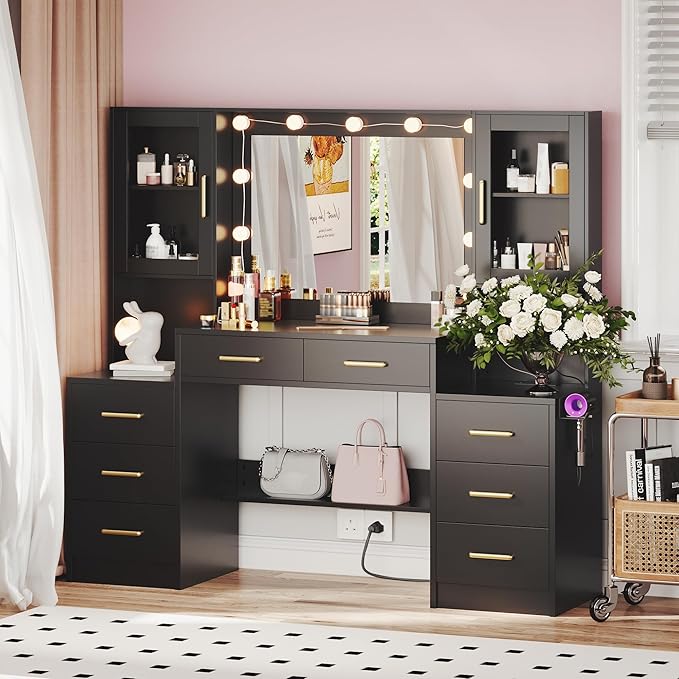 TOKSOM Black Vanity Desk with Mirror, Lights & Charging Station, 58.3" 3 - Image 8