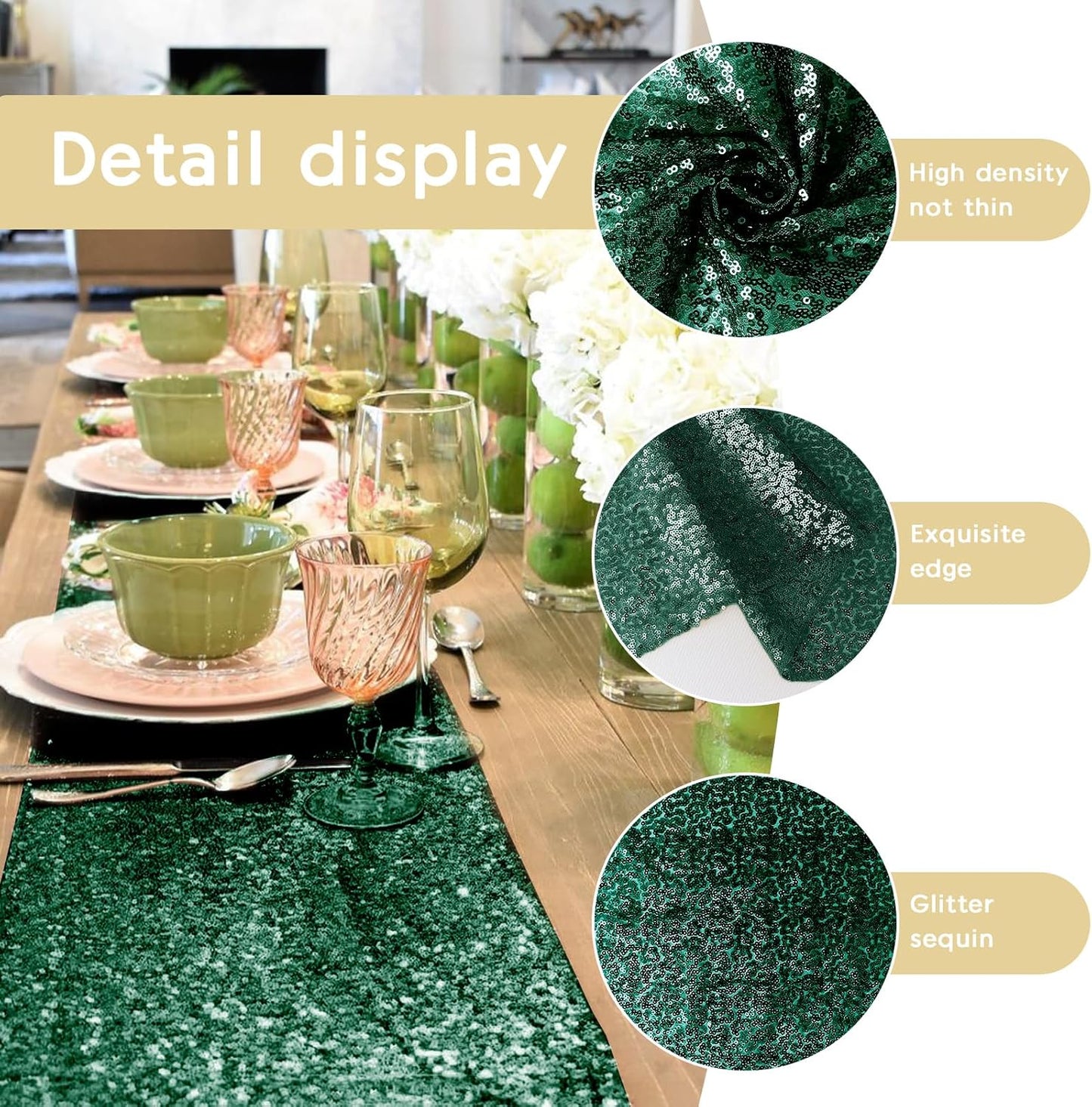 6 Packs 12 x 72 inches Sequin Table Runner, Hunter Green Glitter Table Runner for Birthday Party Supplies Wedding Engagement Baby Shower Holiday Celebration Event Decorations