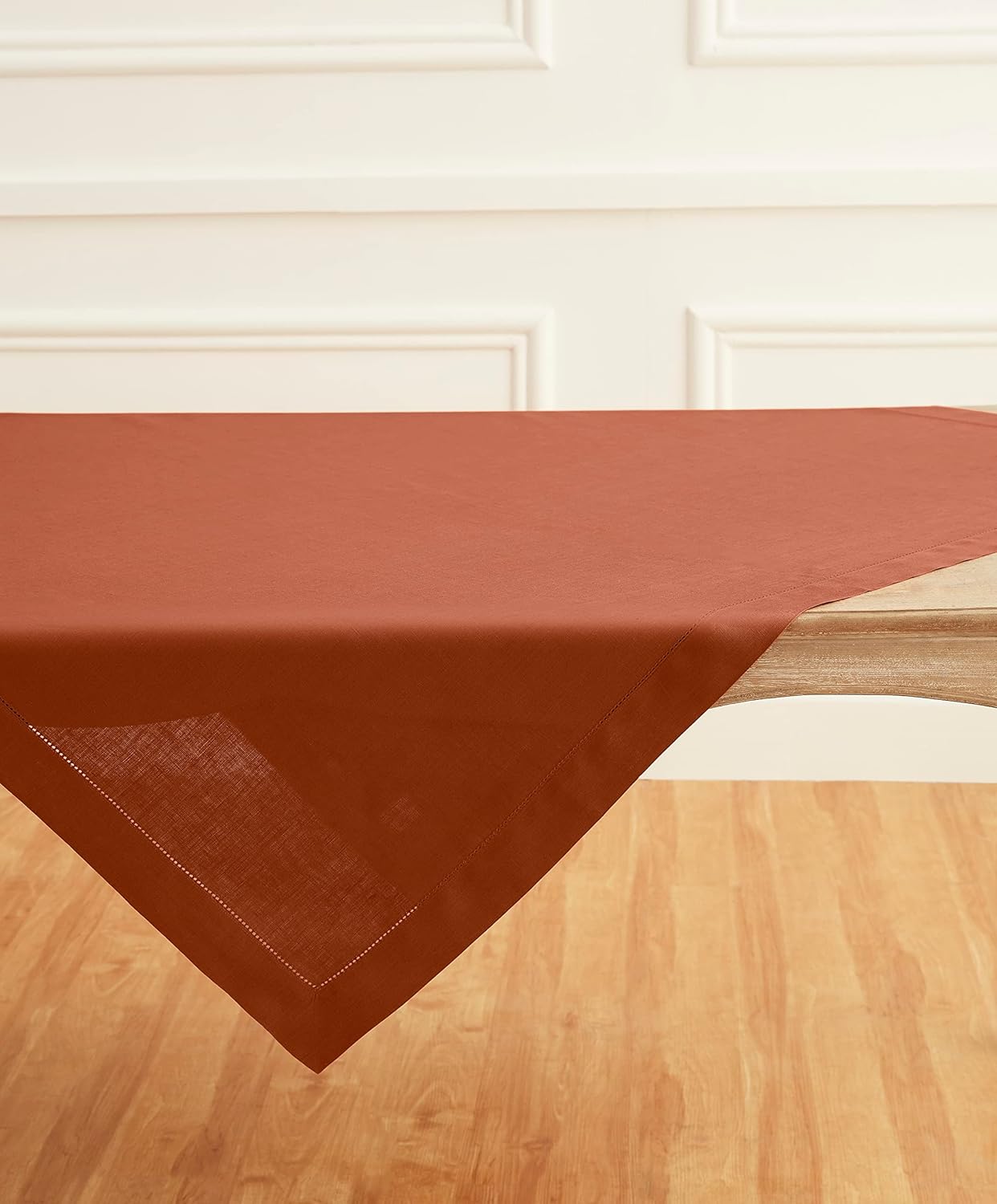 Solino Home Linen Cinnamon Tablecloth 52 x 52 Inch - 100% Pure Linen Square Table Throw - Classic Hemstitch, Machine Washable Table Cloth for Fall, Autumn, Halloween, Thanksgiving