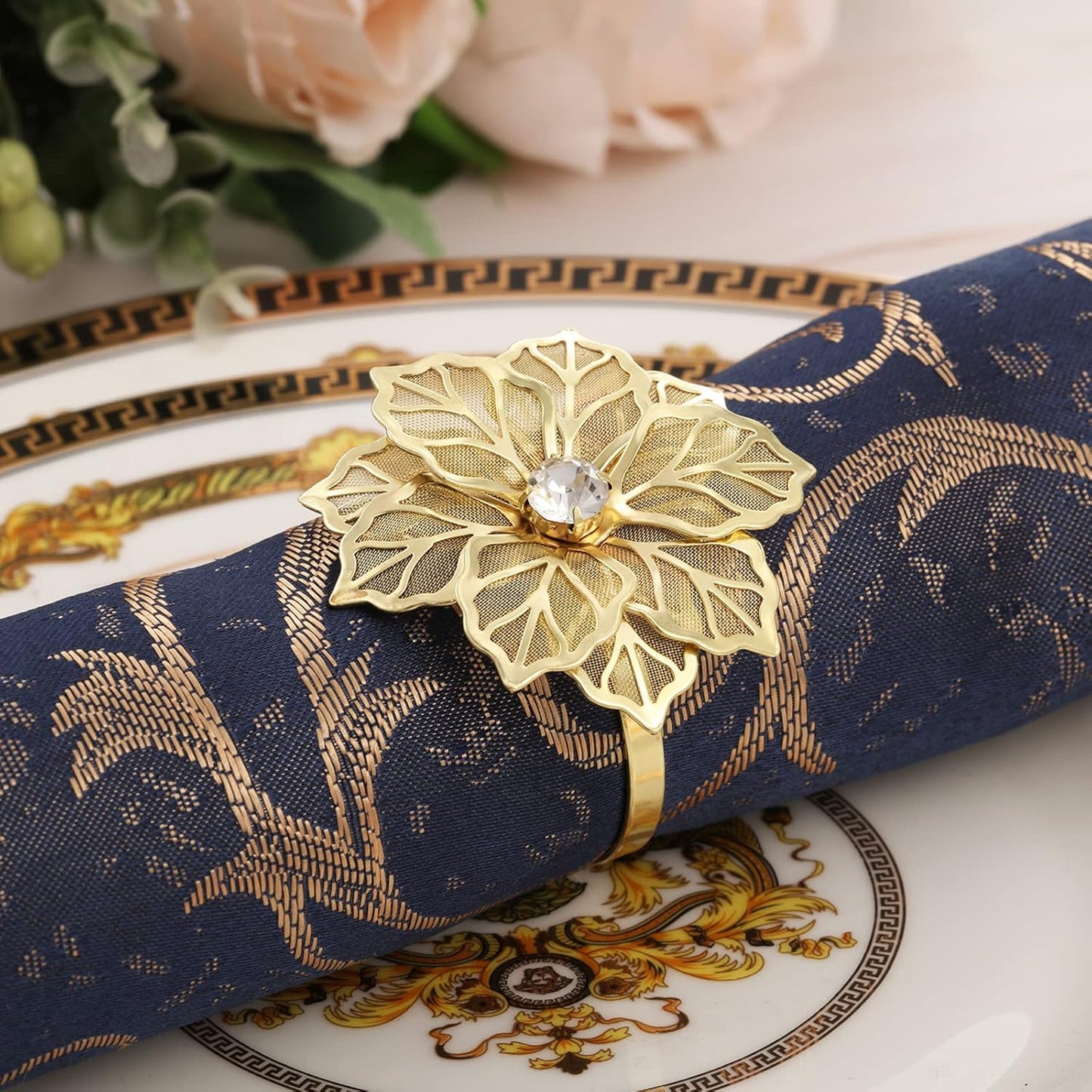 Hotop 12 Pcs Hollow Out Flower Napkin Rings Fall Napkin Ring Holder Metal Serviette Buckles Set for Dinner Thanksgiving Christmas Wedding Banquet Table Plates Decoration(Gold)