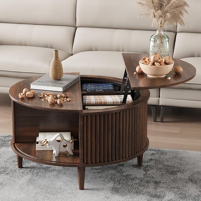 Round Coffee Table with Storage, Fluted Lift Top Coffee Table by FnelHomeFurniture