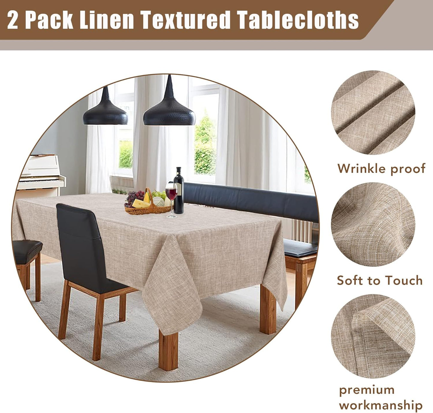 Fitable Nature Faux Linen Tablecloths Rectangle 60 x 84 Inch - 2 Pack Neutral Table Clothes for 4-6 Foot Tables, Wrinkle-Proof Faux Burlap Table Cover for Dining, Farmhouse, Outdoor Picnic, Camping