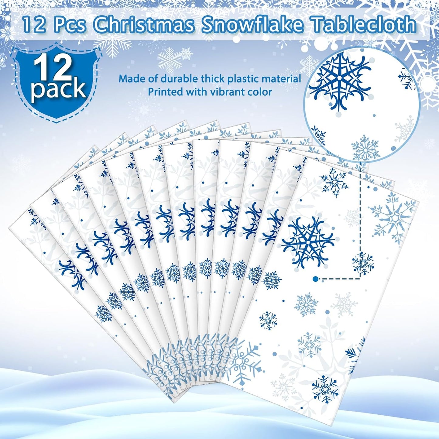 12 Pieces Snowflake Christmas Party Tablecloth Decorations,Plastic White Snowflake White Blue Xmas Backdrop Sign Table Cover Banner for Winter Christmas Holiday Party Supplies,54x108 inch（White/Blue）
