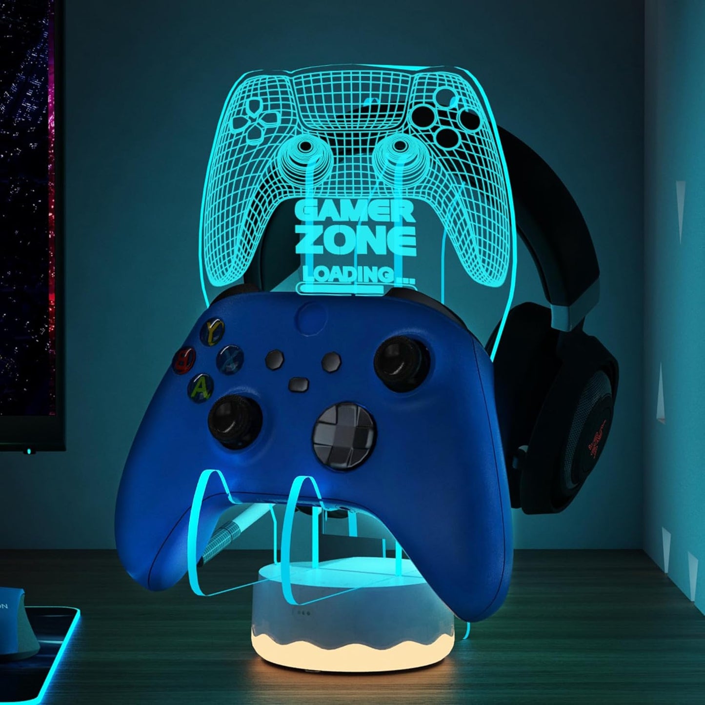 Light up Headset and Controller Stand, 16 Colors 3D LED Lights Gamepad Headphone Holder with Remote Control, Game Controller Hanger for All Universal Gaming PC Accessories
