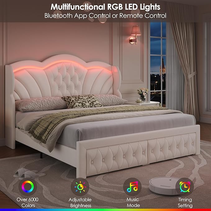 Keyluv Full Bed Frame Arc-Shaped LED Lights and 47.2" Height Wingback Bed - Image 4