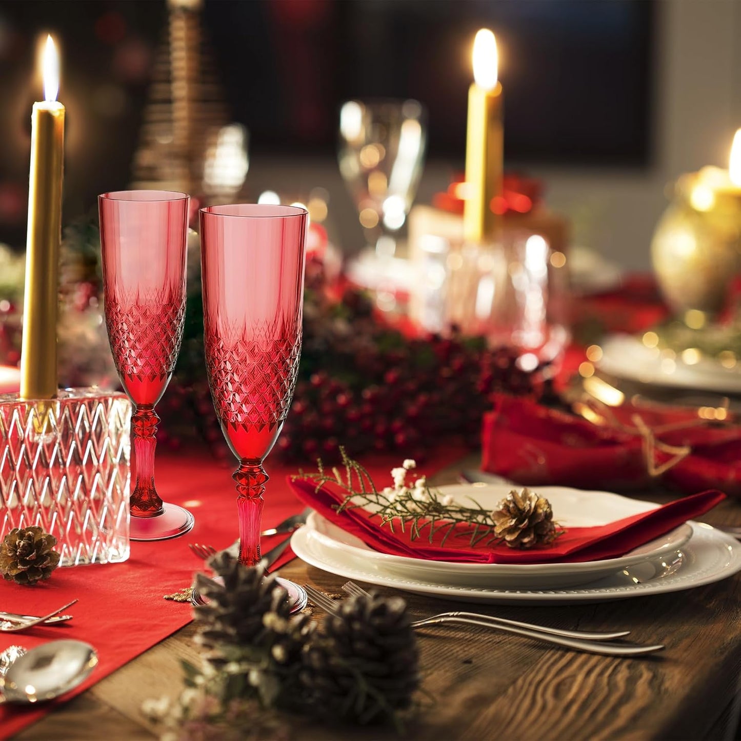 Plastic Champagne Flutes, 12PCS Dark Red Wine Glasses Goblets Cups Reusable Flute, for Christmas Weddings Bachelor Parties Toasting and Events(12, Dark Red)