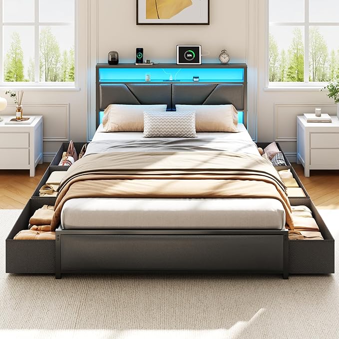 OURPIC Queen Bed Frame, 2-Tier Storage Headboard & 6 Fabric Drawers, PU Leather - Image 6