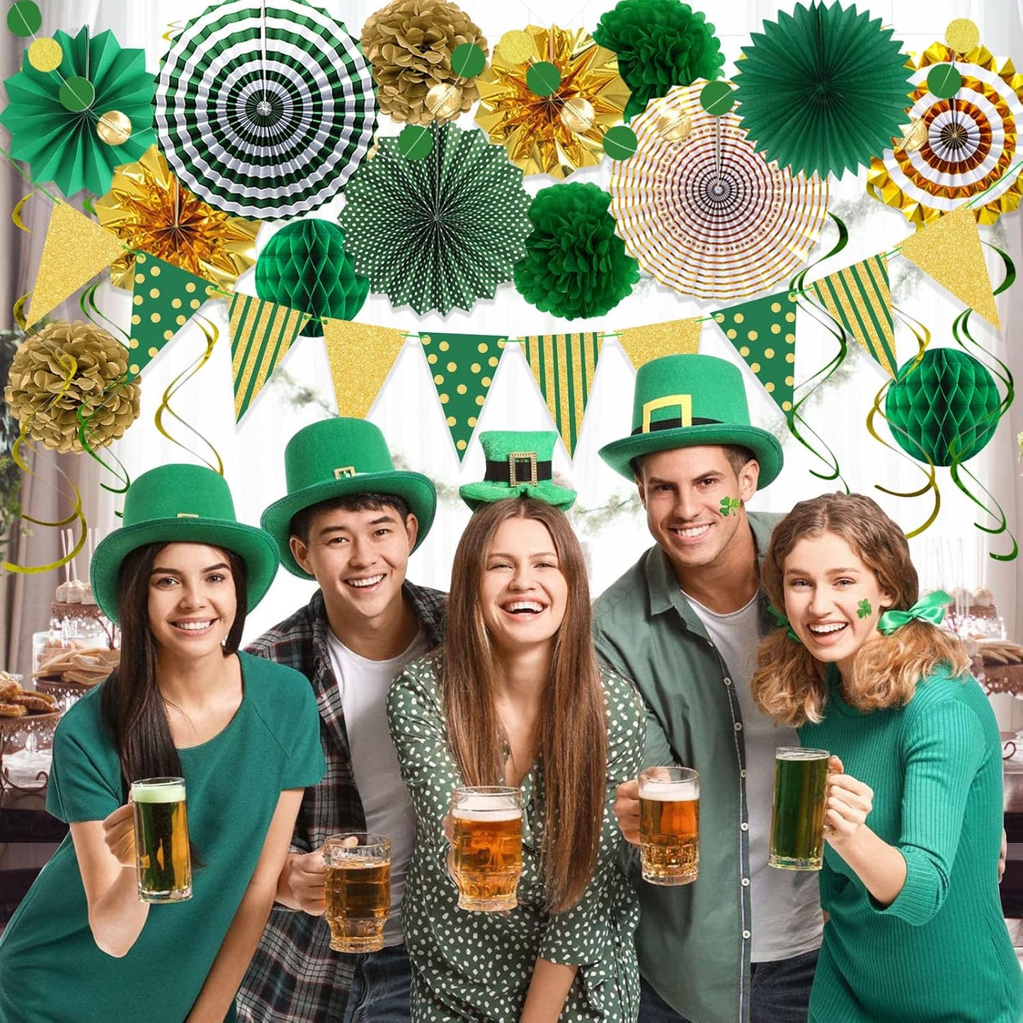 Green Gold Party Decorations Paper Fans, Graduation Season Hanging Glitter Triangle Flags Banner Hanging Paper Fan Happy Birthday Banners and Triangular Flag, Bridal Shower,Green Themed Birthday