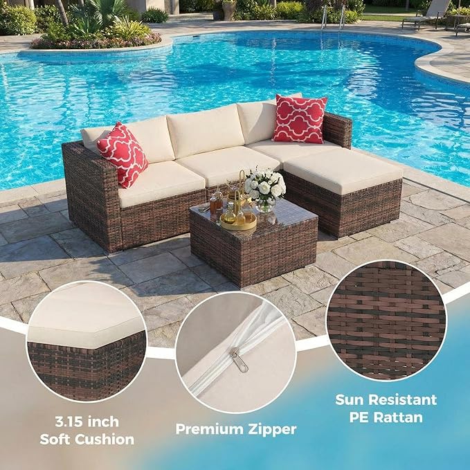 5-Piece Patio Sectional Sofa Set, All-Weather Brown PE Rattan Outdoor - Image 3
