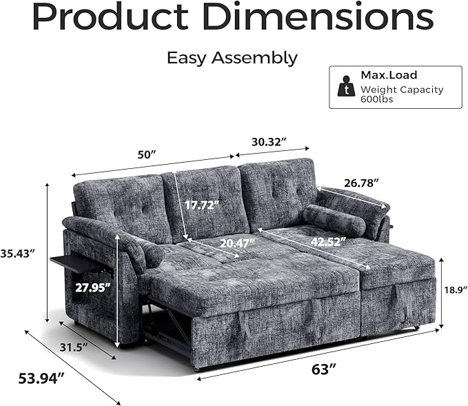 Convertible Sleeper Sofa Bed, 63 Inch Chenille Pull Out Couch - Image 2