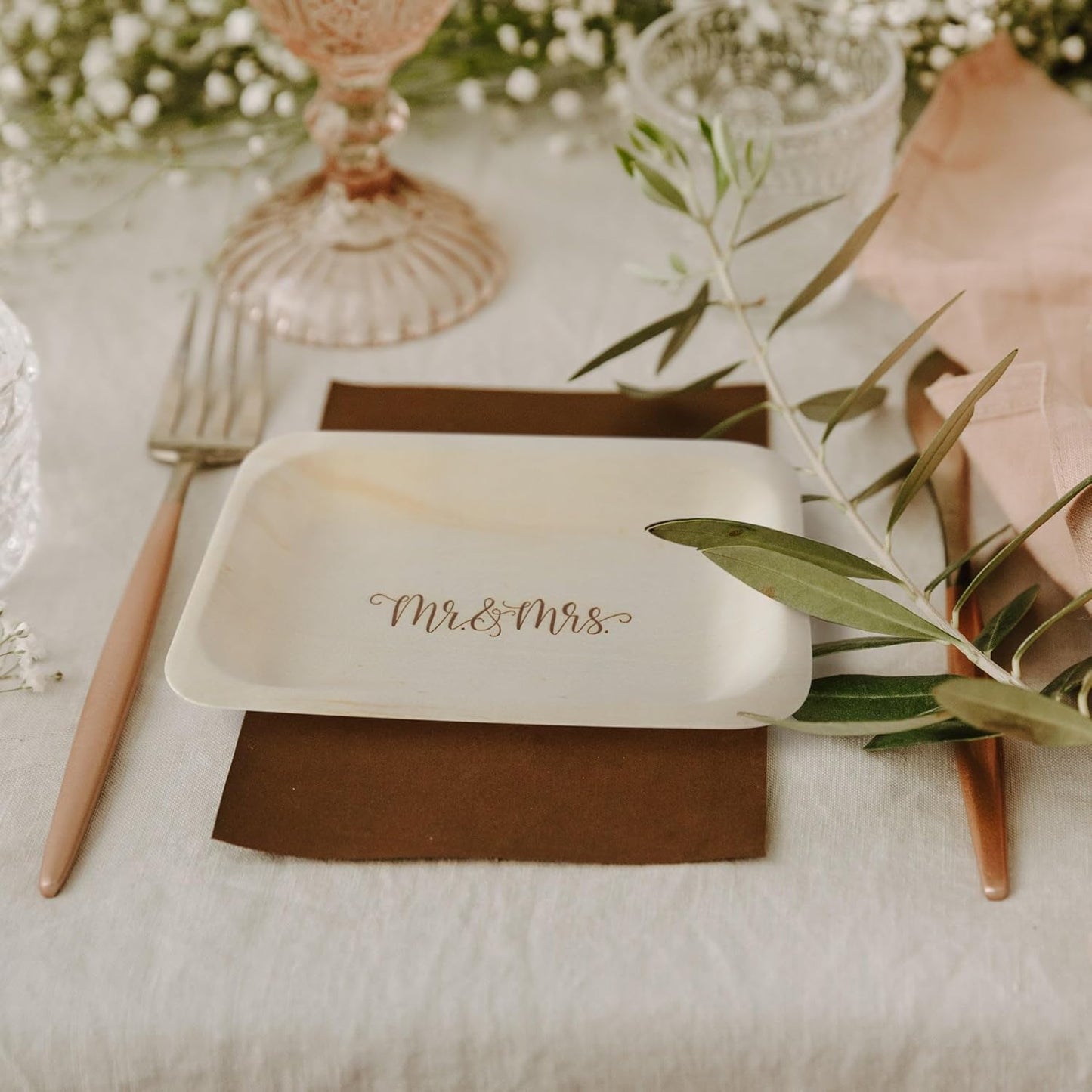 Mr. and Mrs. Disposable Wedding Plates – Rustic, Compostable Alternative to Plastic Plates for Wedding Receptions, Engagement Parties, and Rehearsal Dinners (Salad/Dessert, 50-Pack)