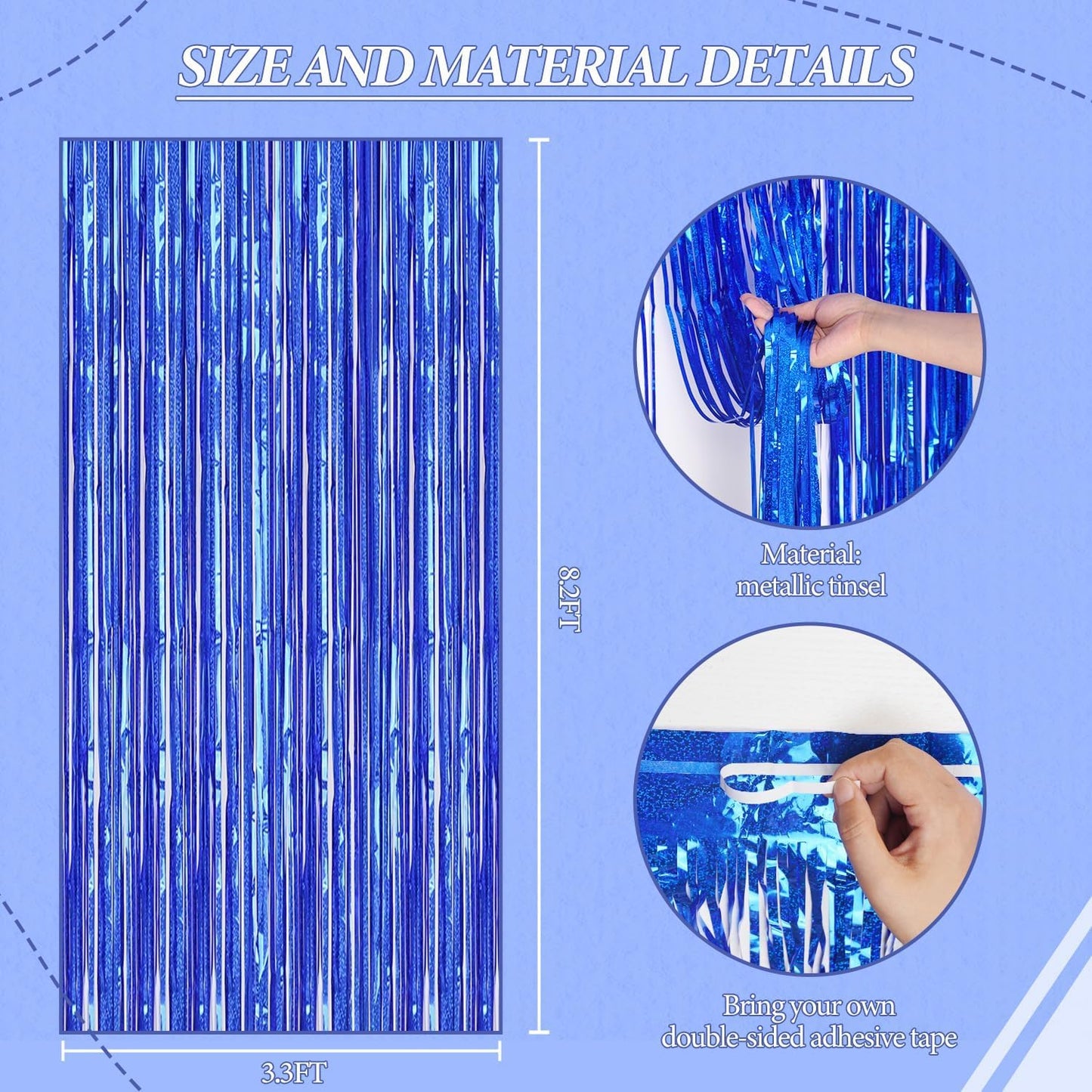 3 Pack Foil Fringe Backdrop - Laser Royal Blue Shiny Tinsel Curtains for Party Decoration/Photo Booth Props - 3.3x8.2 FT Metallic Foil Backdrop for Birthday, Wedding, Graduation, Christmas
