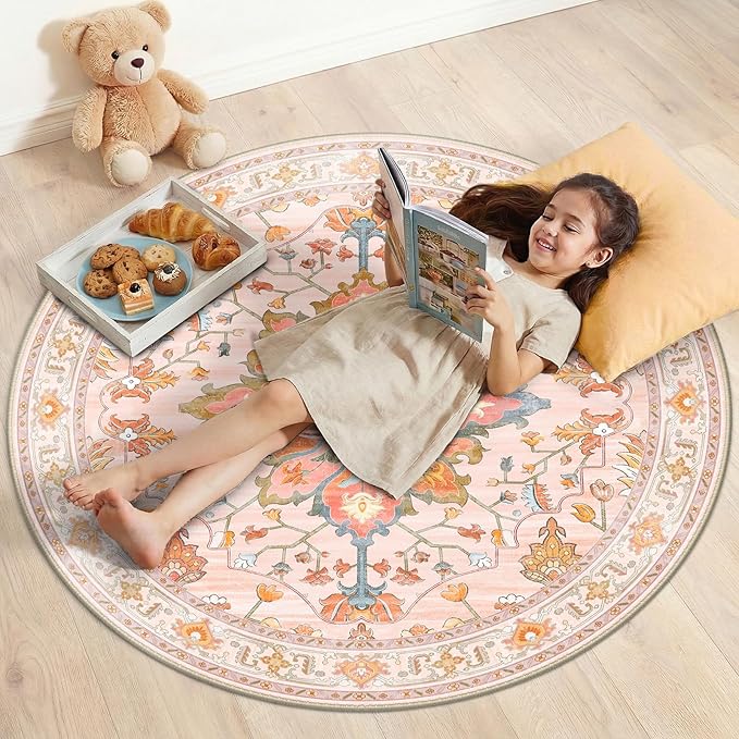 RELEANY Area Rugs Round 4ft Washable Non-Slip, Floral Vintage Distress Print by RELEANY