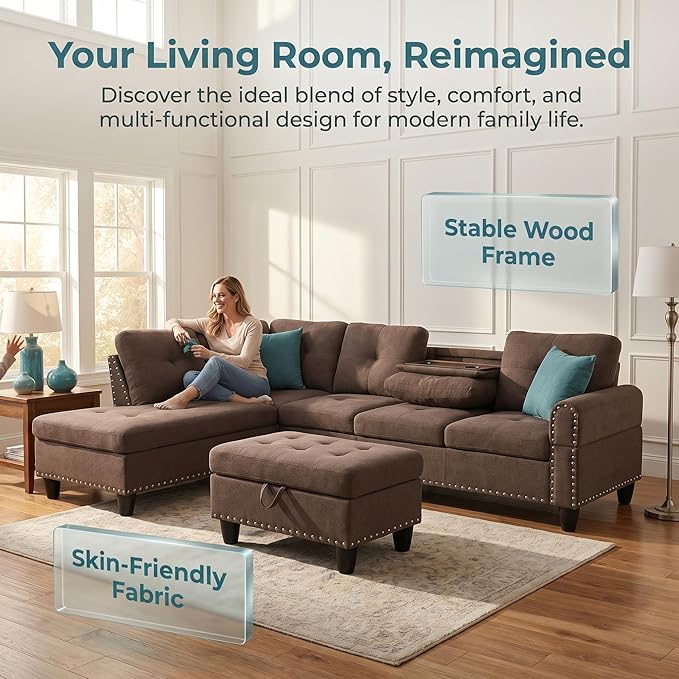 97.5" L Shaped Couch Set Linen, Modular Sectional Couches - Image 6
