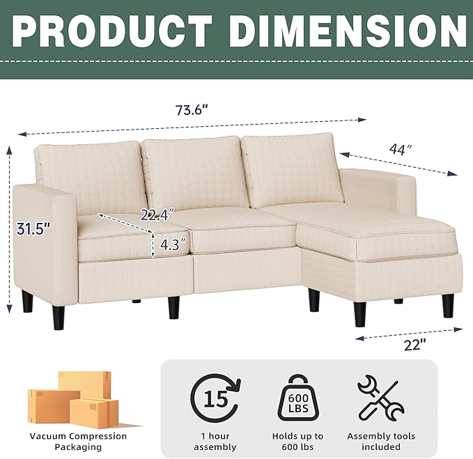 SUNLEI 73.6" Modular Sectional Sofa, Comfy Cloud Couch - Image 2