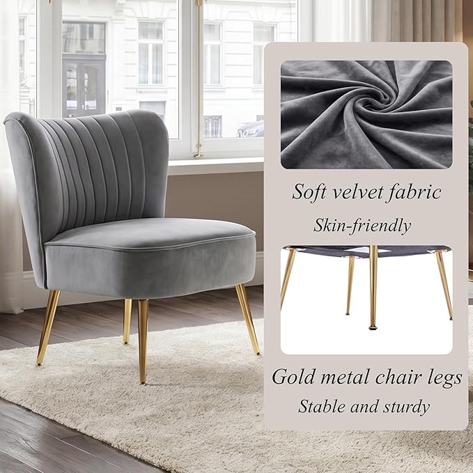 Velvet Accent Chair Set of 2 Comfy Living Room Chair Armless Slipper Chair Mid - Image 6