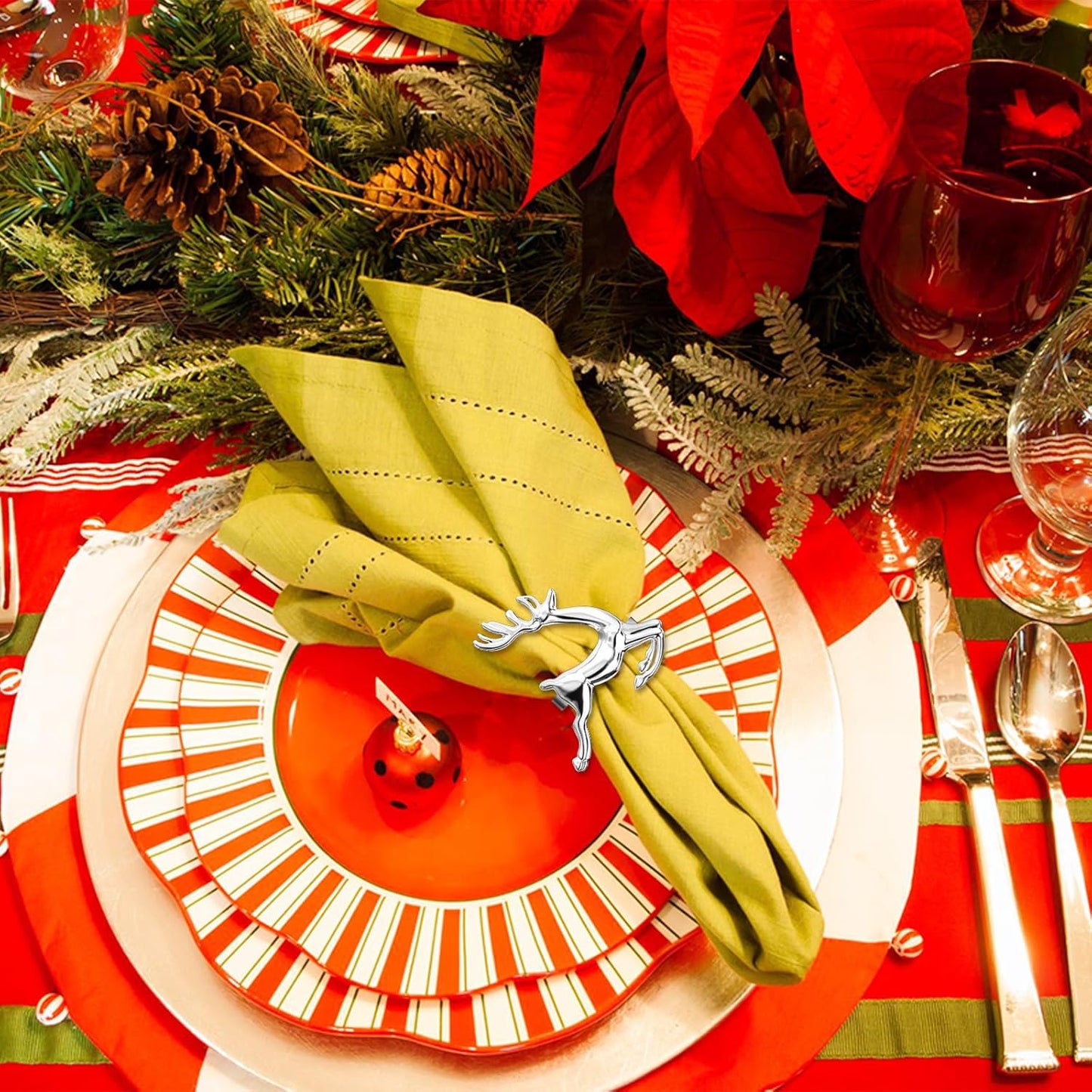 ZeeDix Silver Reindeer Christmas Napkin Rings Set of 12, Napkin Holder Ring for Christmas Dinner Table Decor Cloth Napkins, Wedding Receptions, Holiday Party, Banquet and Home Kitchen