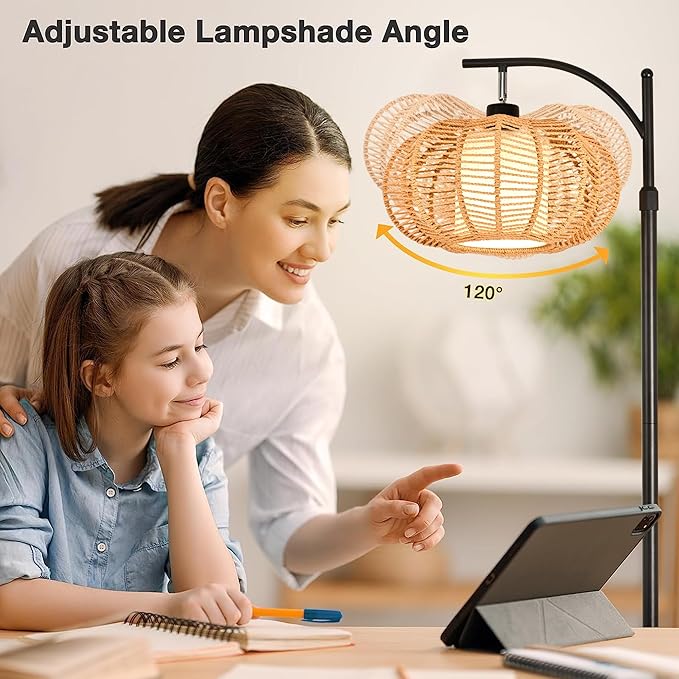 ZECOXOL Arc Floor Lamps for Living Room Bedroom Rattan Boho Floor Lamp - Image 3