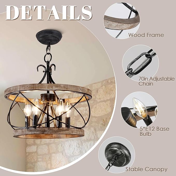 20" Farmhouse Chandelier, Rustic Drum Chandelier Light Fixture Over Table - Image 7