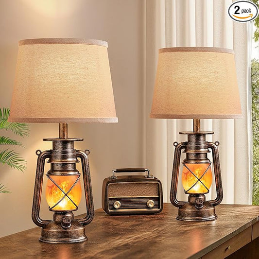 LEDIARY 18.72" Black Gold Vintage Lantern Flickering Flame Table Lamps by LEDIARY