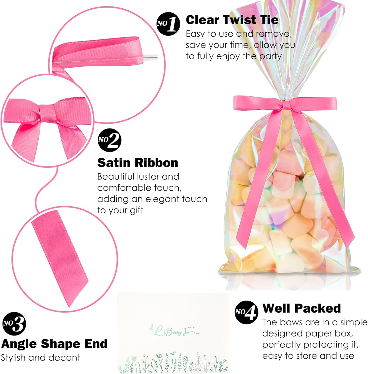 50 PCs Hot Pink Bow 5 Inch Long Tail Bows for Gift Wrapping, Easter Bow Party Decorations, Twist Tie Bows, Satin Bows for Crafts, Premade Bows for Presents, Treat Bags, Bottles, Cakes