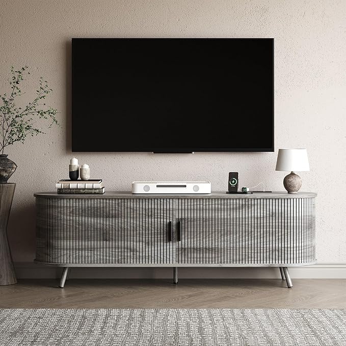 63 inch TV Stand with Power Outlet, Fluted Entertainment Center by Unknown