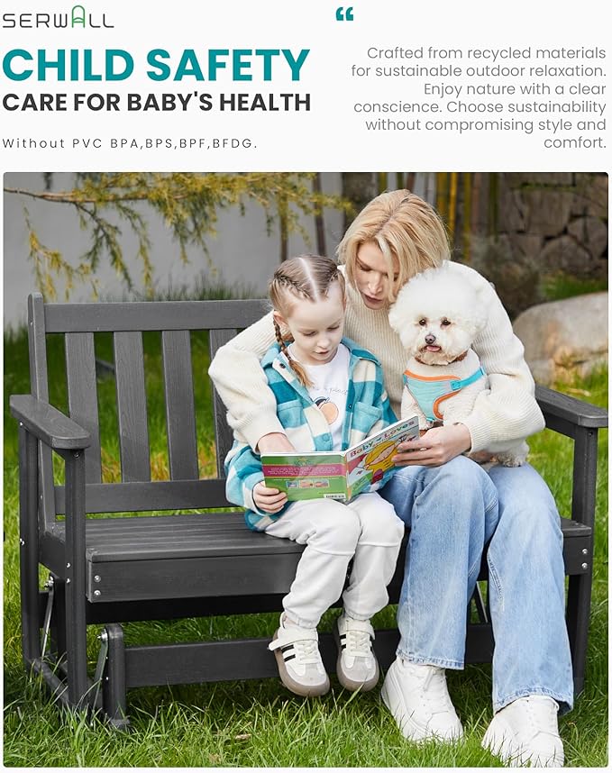 SERWALL Outdoor Glider Rocking Chair, HDPE All-Weather Resistant 2-Person - Image 7