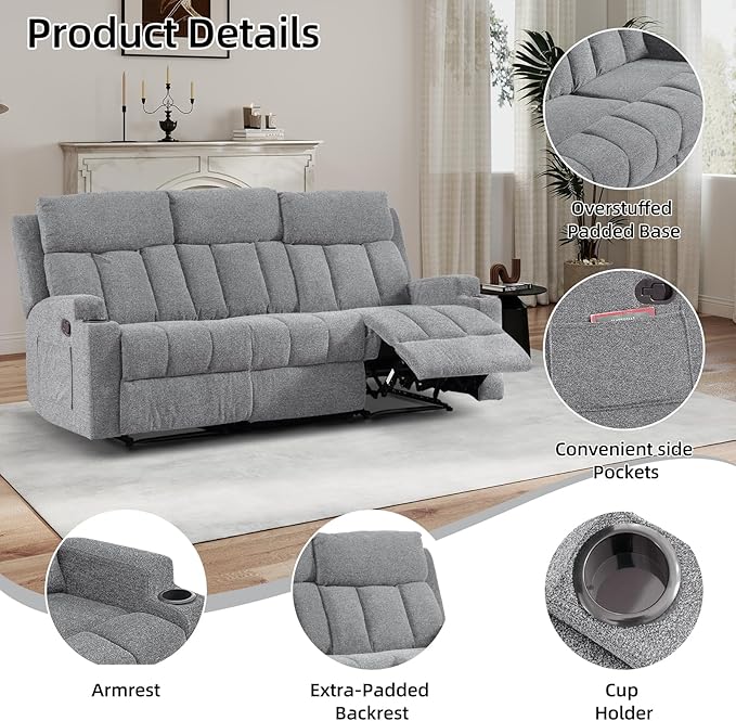 CANMOV Manual Recliner Sofa Set, Fabric Reclining Sofa Chair - Image 4