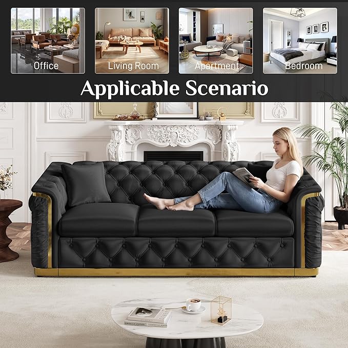 Luxury Chesterfield Sofa Set of 2, Velvet Tufted Couch Victorian Black and Gold - Image 7