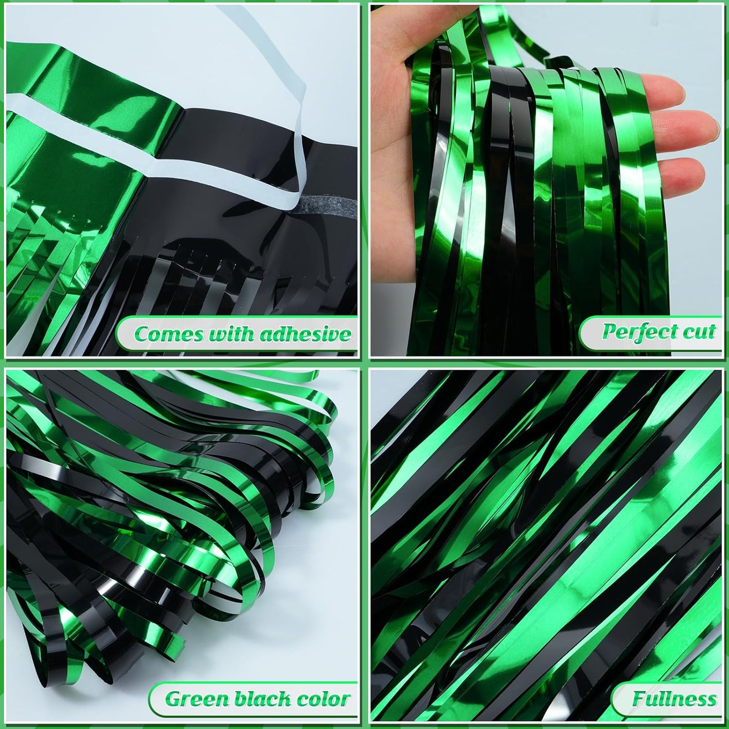3Pack 3.3Ft x 6.6Ft Graduation Foil Fringe Curtain Backdrop Decorations, Green Black Metallic Tinsel Foil Streamers Curtain Photo Booth Background for Graduation Prom Wedding Birthday Party Decoration