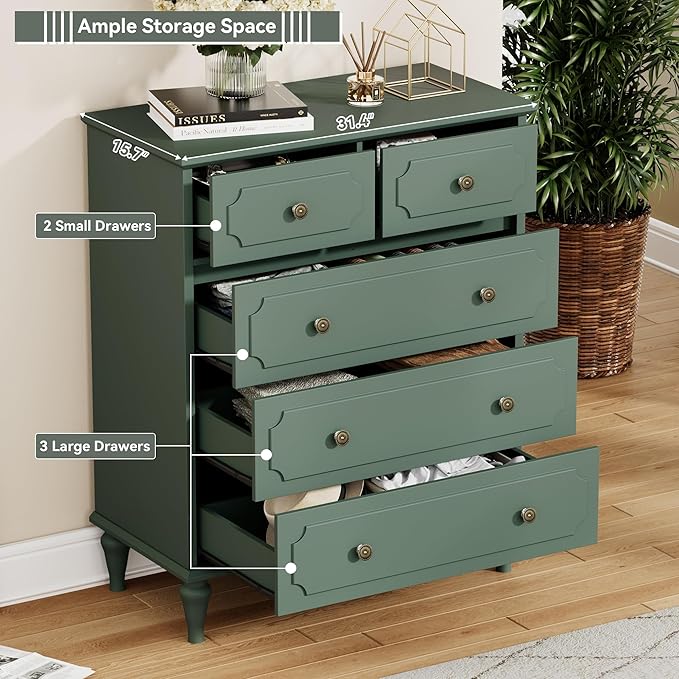 Green Dresser for Bedroom with 5 Drawers, Vintage Tall Dresser with Smooth - Image 3
