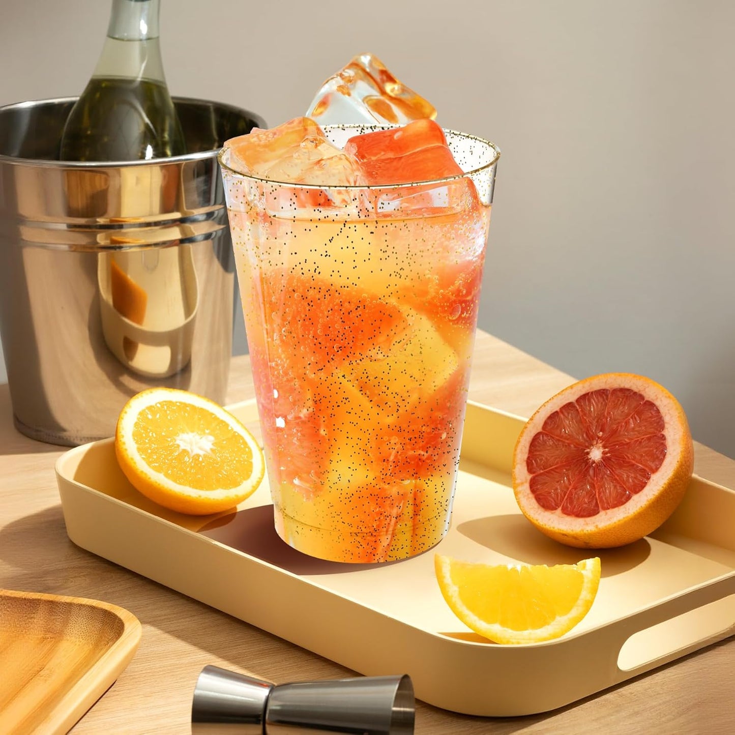 [100 Pack] 12oz Plastic Cups with Gold Glitter Sturdy & Food Safe Plastic Wine Glasses Disposable Cups Wedding Cups Party Cups Drinking Tumblers for Wine, Cocktails and Cold Beverages